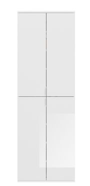 Frontansicht eines weißen, modernen Garderobenschranks mit vier Türen.