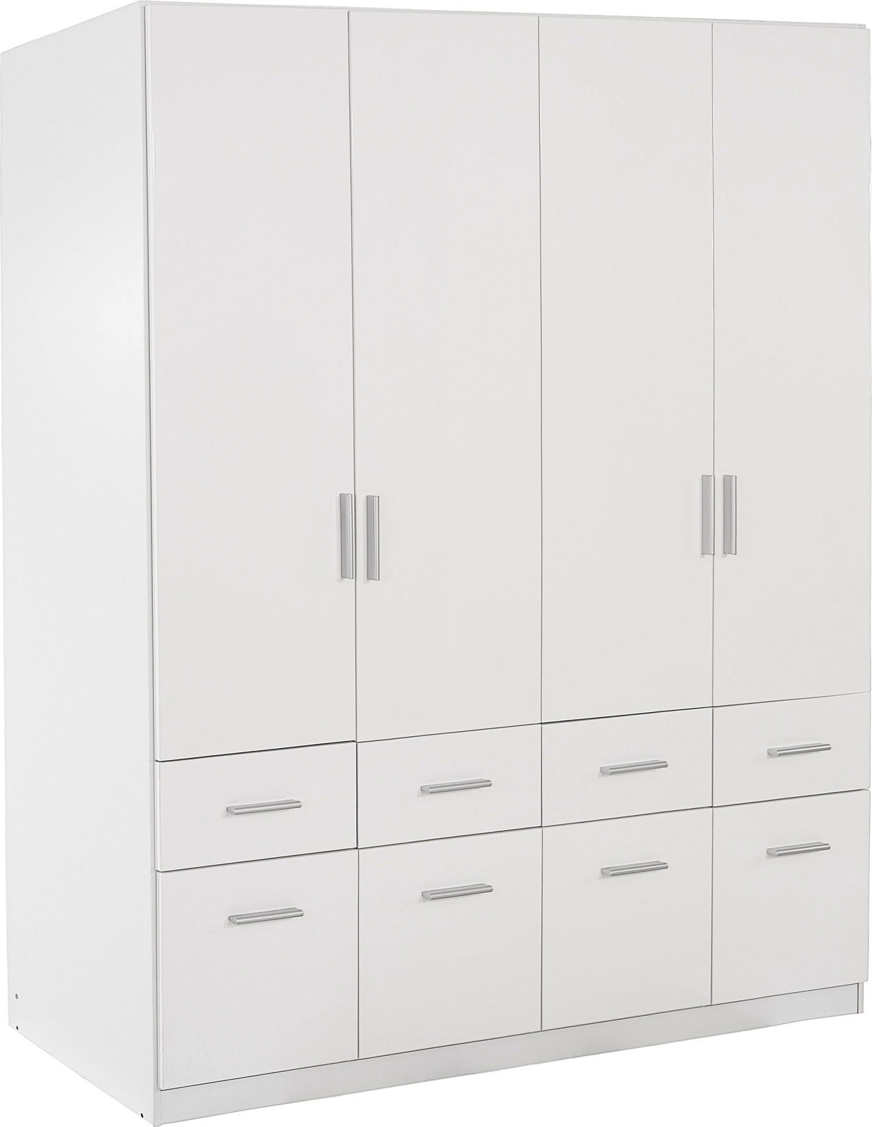 Weißer, vier-türiger Drehtürenschrank mit acht Schubladen, seitliche Perspektive