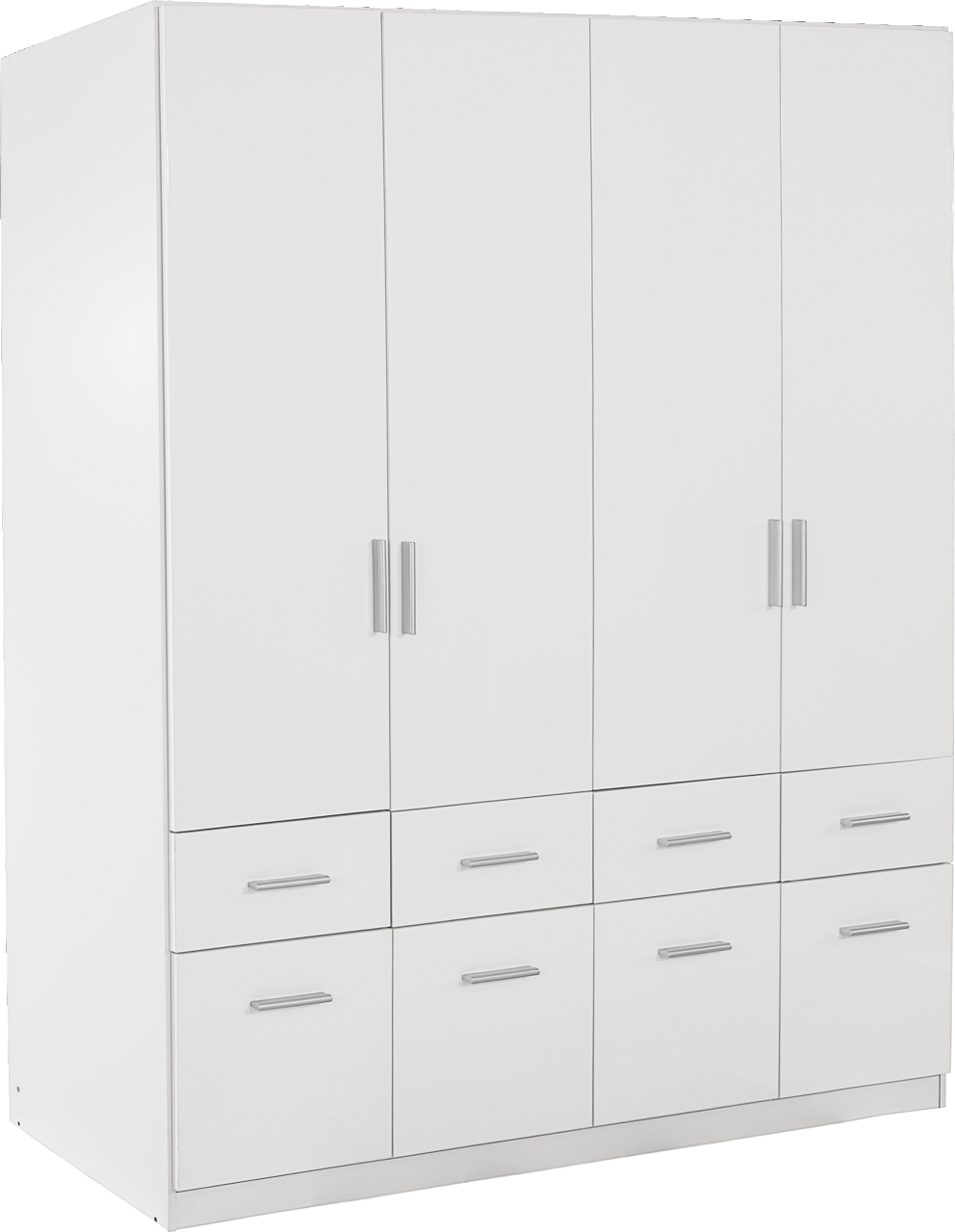 Weißer, vier-türiger Drehtürenschrank mit acht Schubladen, seitliche Perspektive