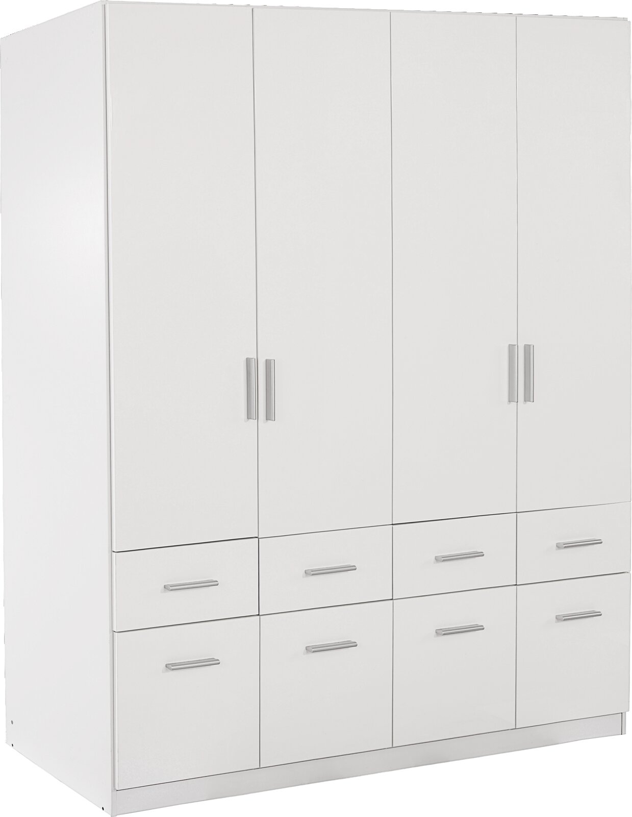 Weißer, vier-türiger Drehtürenschrank mit acht Schubladen, seitliche Perspektive