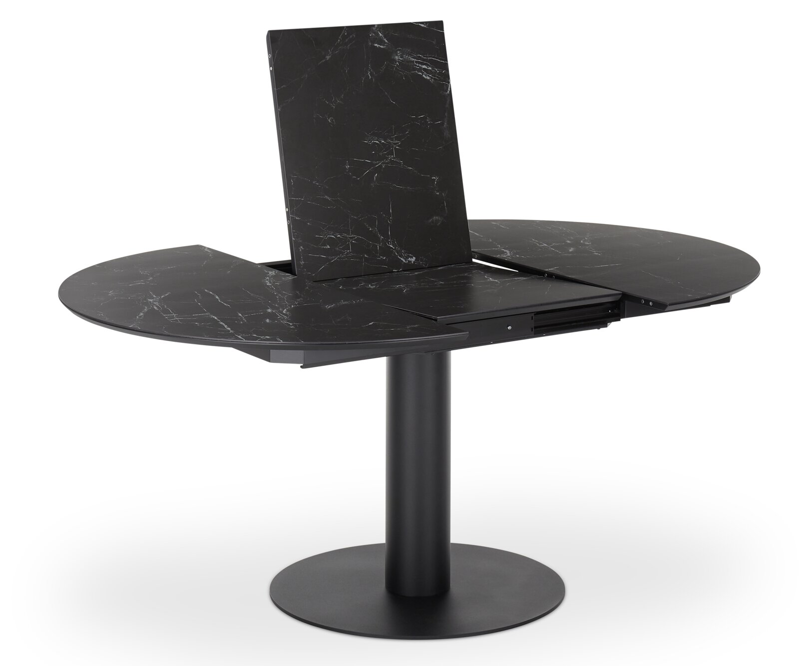Runder Esstisch mit schwarzer Marmoroptik, ausziehbar, seitliche Perspektive