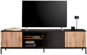 Frontansicht eines modernen XL-TV-Lowboards mit Holz- und Metallelementen, dekoriert mit Büchern, einer Lampe und einem Fernseher.