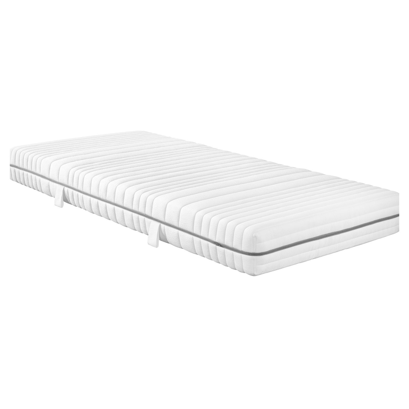 XORA Kaltschaummatratze H4 CLASSIC Kaltschaummatratze H4 in seitlicher Perspektive, weiße Oberfläche mit gestepptem Design und Tragegriffen.