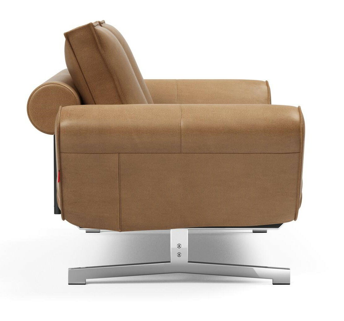 Seitenansicht eines braunen Funktionssofas mit Metallfuß, Modell GHIA.