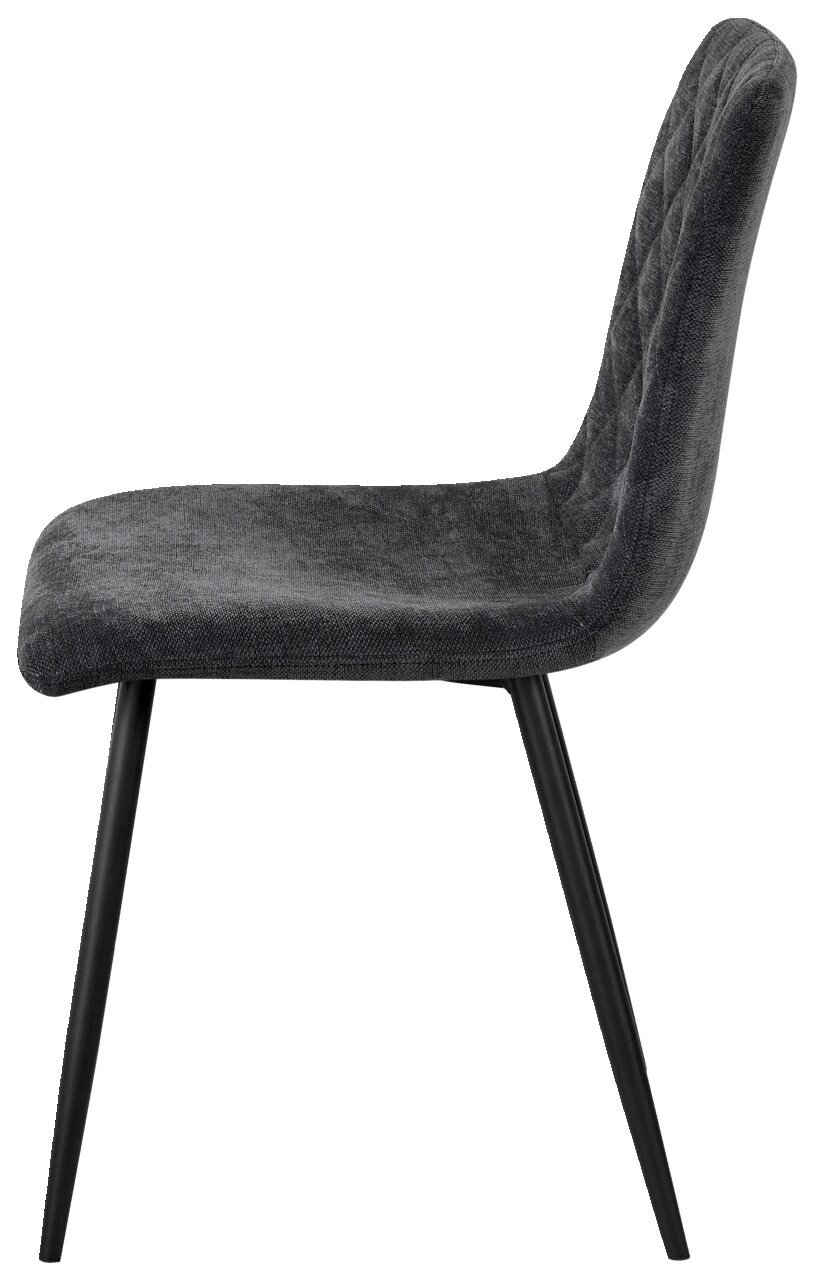 Moderne grijze stoel met zwart metalen frame, zijaanzicht