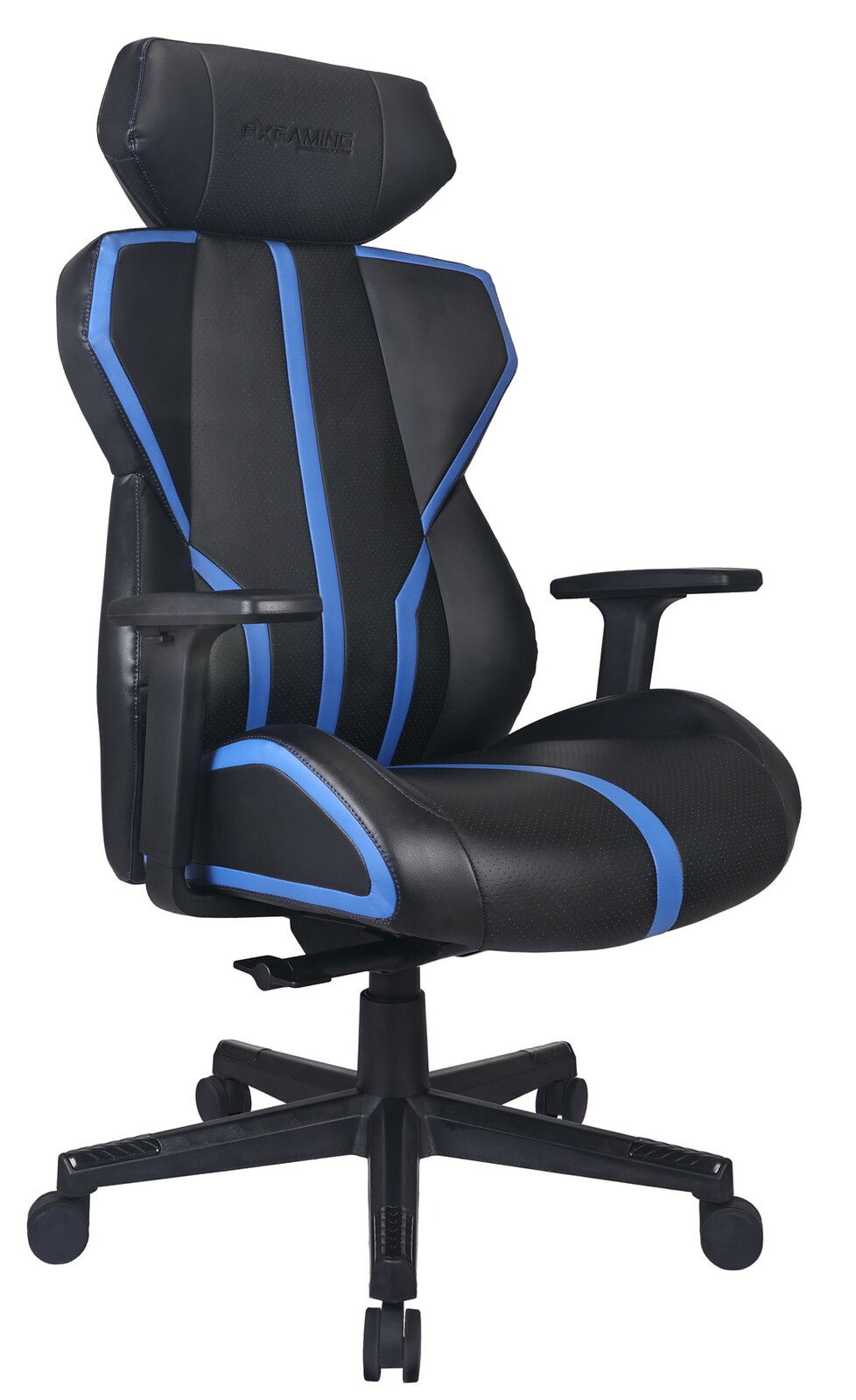 Schwarzer Gaming-Stuhl mit blauen Akzenten, seitliche Perspektive