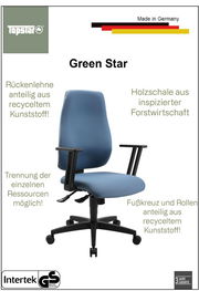 Bürostuhl von Topstar, Modell Green Star, in blauer Farbe mit Armlehnen und einem Fußkreuz aus recyceltem Kunststoff, seitliche Perspektive.