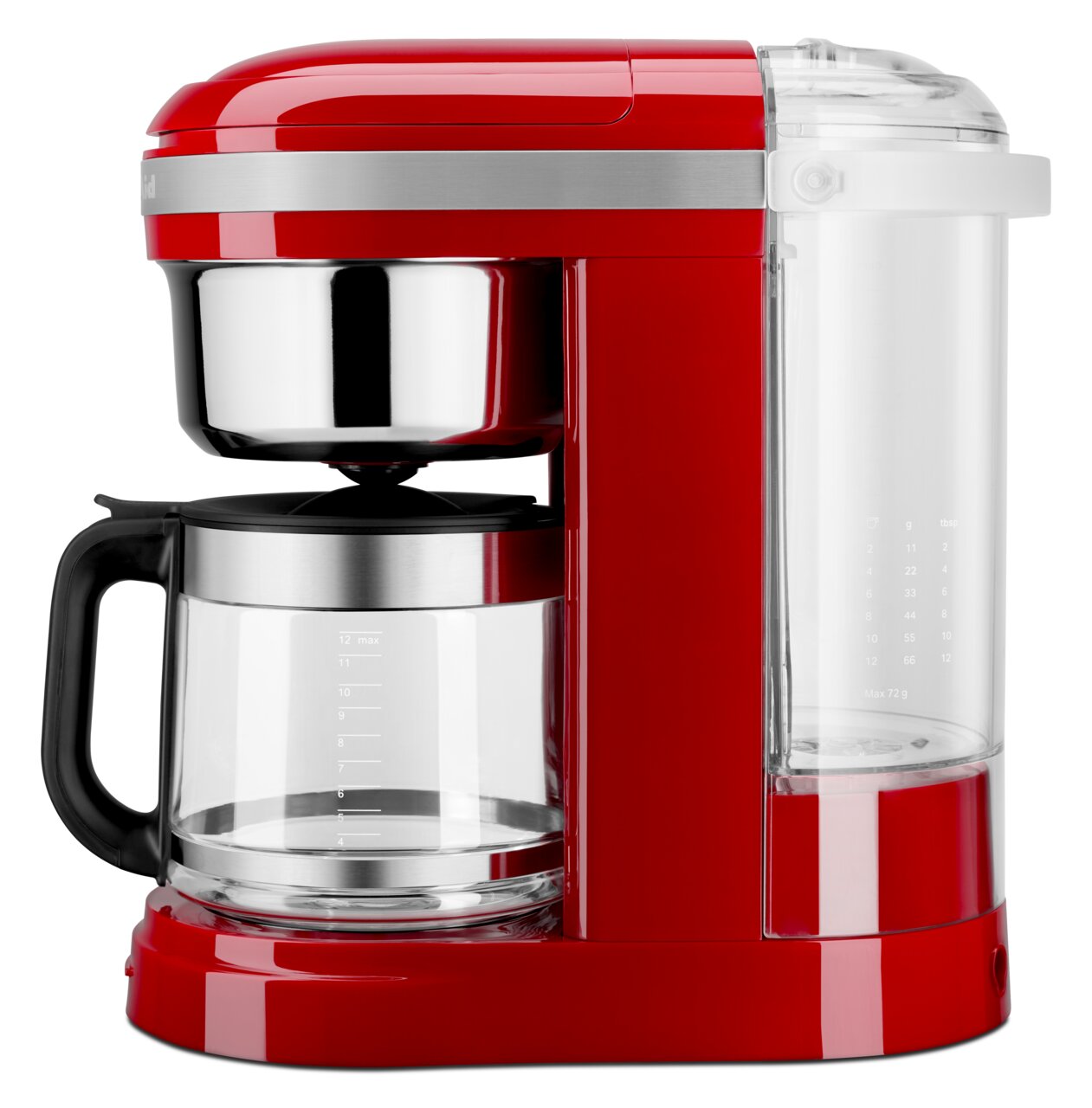 Rote Kaffeemaschine Empire, Seitenansicht mit Glaskanne und Wasserbehälter