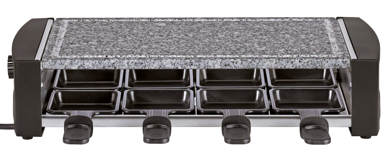 Raclette-Grill mit Natursteinplatte und acht Pfännchen, Frontalansicht