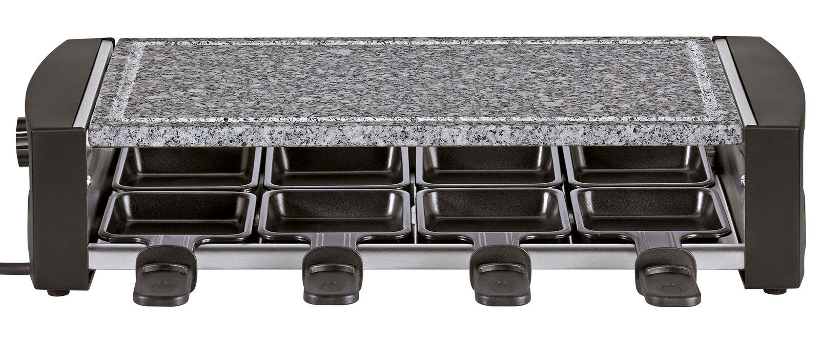 Raclette-Grill mit Natursteinplatte und acht Pfännchen, Frontalansicht