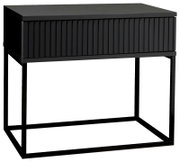 Moderne schwarze Nachtkommode mit geriffelter Front und schlankem Metallrahmen, seitliche Perspektive