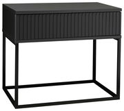 Moderne schwarze Nachtkommode mit geriffelter Front und schlankem Metallrahmen, seitliche Perspektive