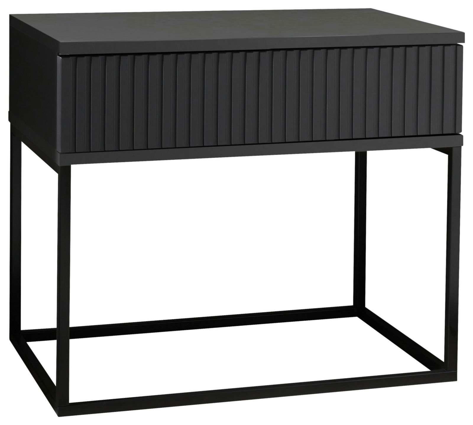 Moderne schwarze Nachtkommode mit geriffelter Front und schlankem Metallrahmen, seitliche Perspektive