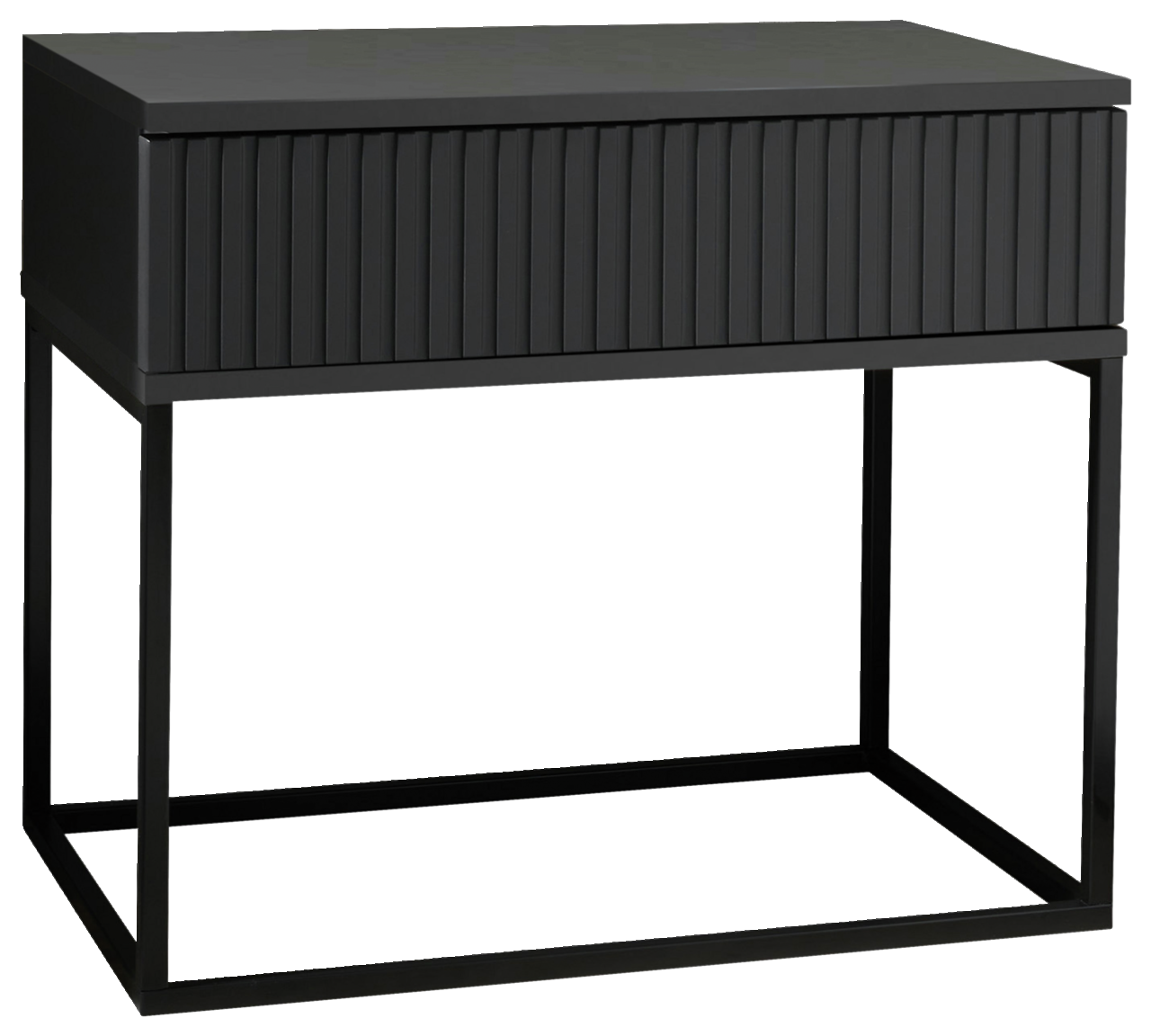 Z2 Nachtkommode MARLE Moderne schwarze Nachtkommode mit geriffelter Front und schlankem Metallrahmen, seitliche Perspektive