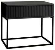 Moderne schwarze Nachtkommode mit geriffelter Front und schlankem Metallrahmen, seitliche Perspektive