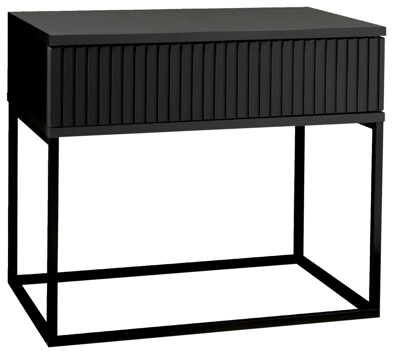 Z2 Nachtkommode MARLE Moderne schwarze Nachtkommode mit geriffelter Front und schlankem Metallrahmen, seitliche Perspektive