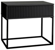 Moderne schwarze Nachtkommode mit geriffelter Front und schlankem Metallrahmen, seitliche Perspektive