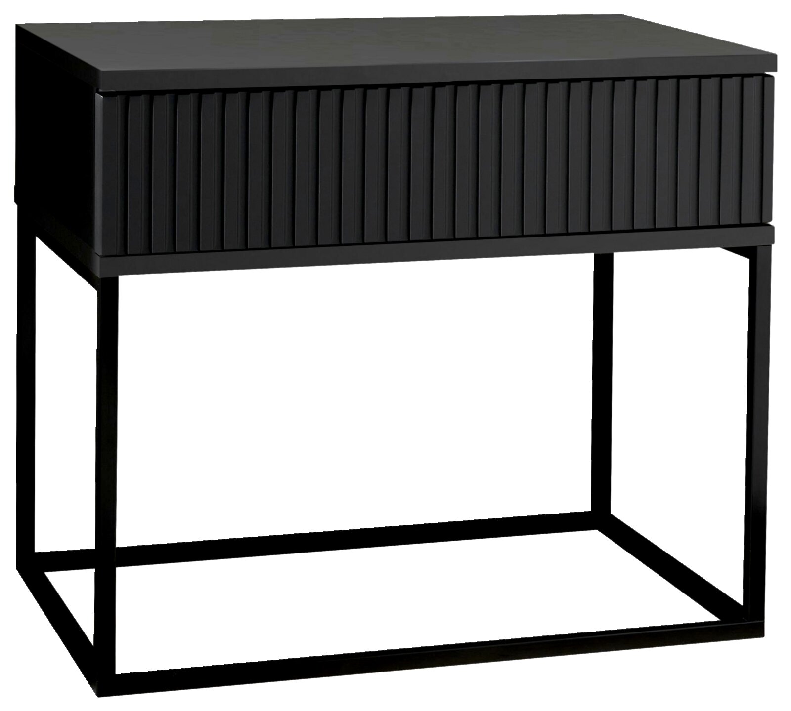 Moderne schwarze Nachtkommode mit geriffelter Front und schlankem Metallrahmen, seitliche Perspektive
