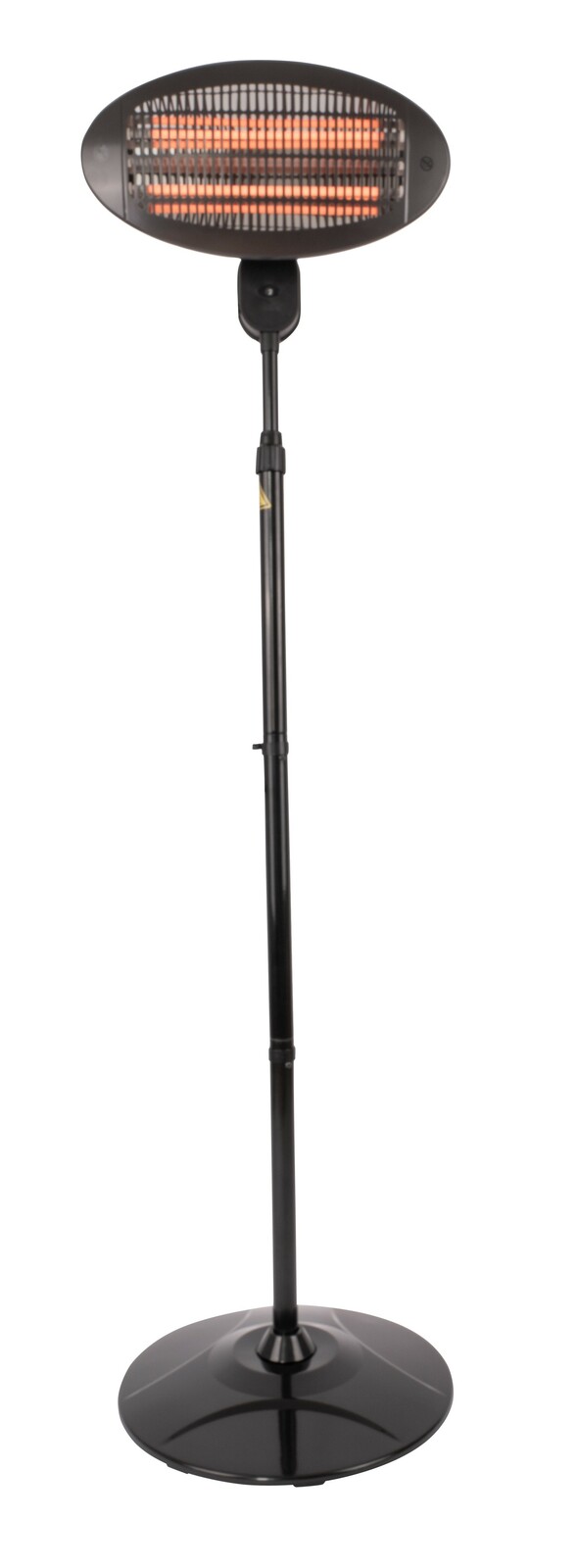 Quarz-Infrarot-Standheizstrahler in schwarzer Farbe, frontal abgebildet mit leuchtenden Heizstäben und stabilem Standfuß.