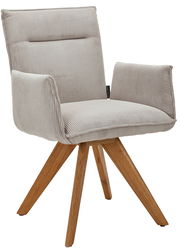 Moderner Armlehnstuhl mit hellgrauem, geripptem Stoffbezug und Holzbeinen, seitliche Perspektive