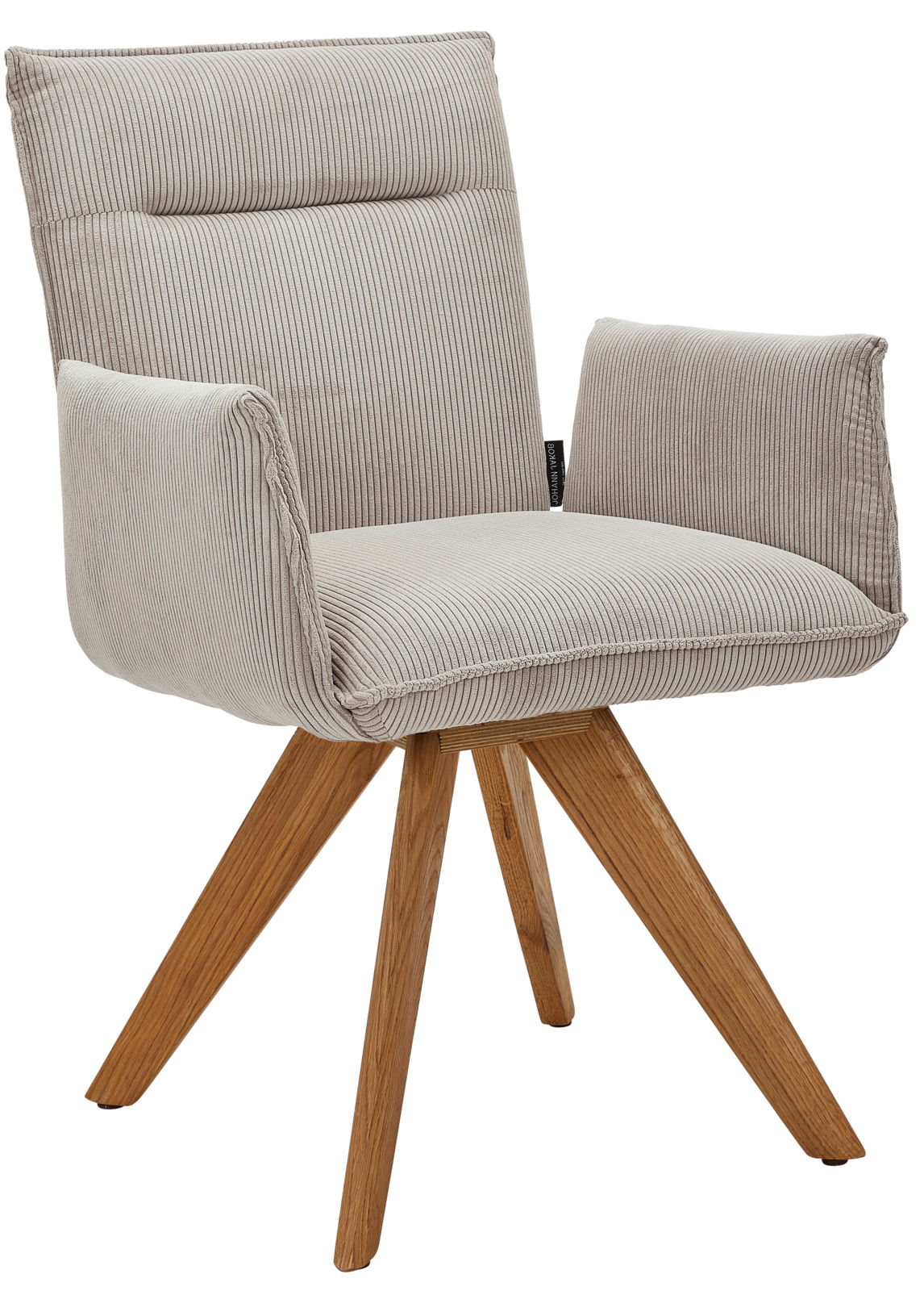 Johann Jakob Armlehnstuhl CALAS Moderner Armlehnstuhl mit hellgrauem, geripptem Stoffbezug und Holzbeinen, seitliche Perspektive