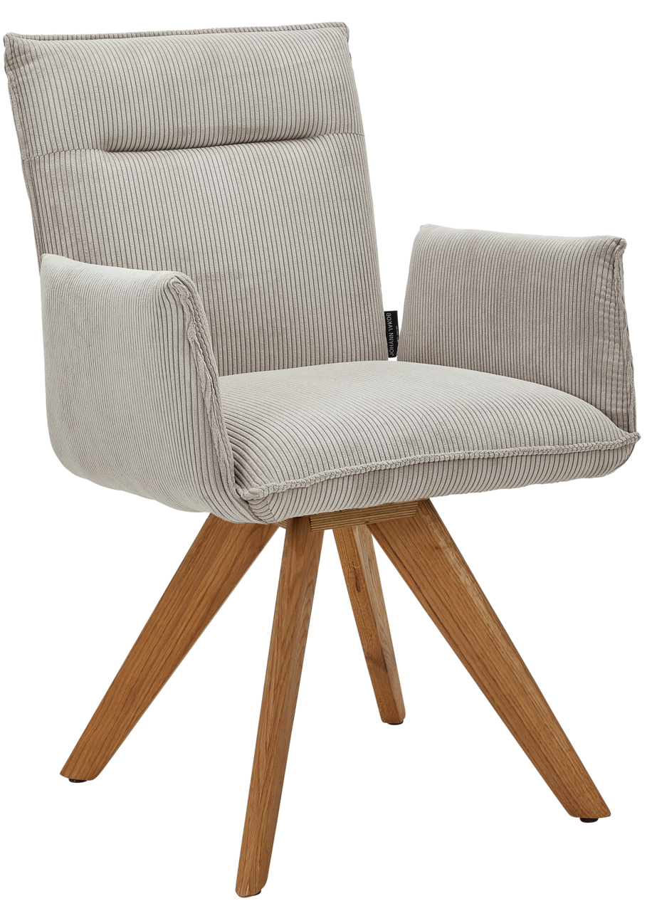 Johann Jakob Armlehnstuhl CALAS Moderner Armlehnstuhl mit hellgrauem, geripptem Stoffbezug und Holzbeinen, seitliche Perspektive