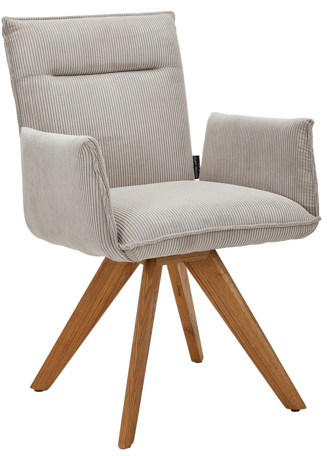 Moderner Armlehnstuhl mit hellgrauem, geripptem Stoffbezug und Holzbeinen, seitliche Perspektive