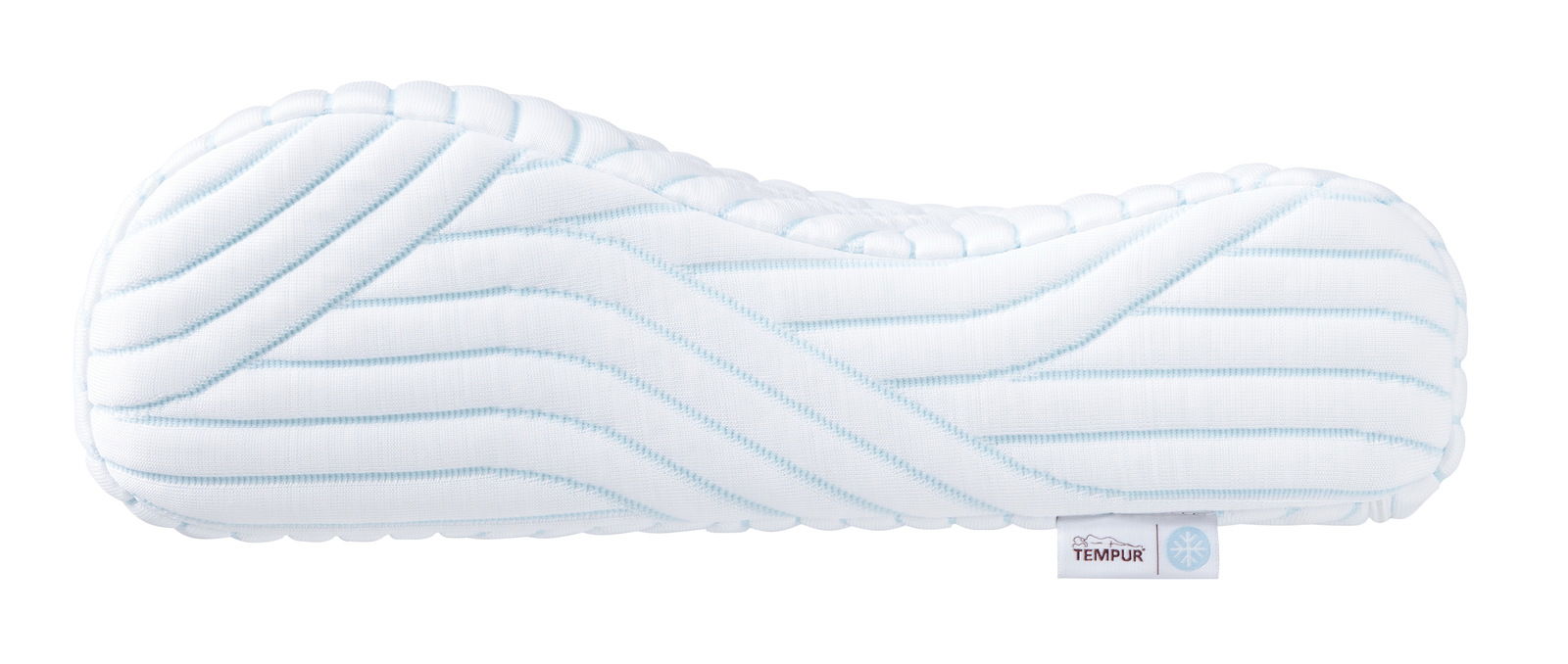 Seitliche Ansicht eines ergonomischen Schlafkissens mit wellenförmigem Design und Tempur-Logo.