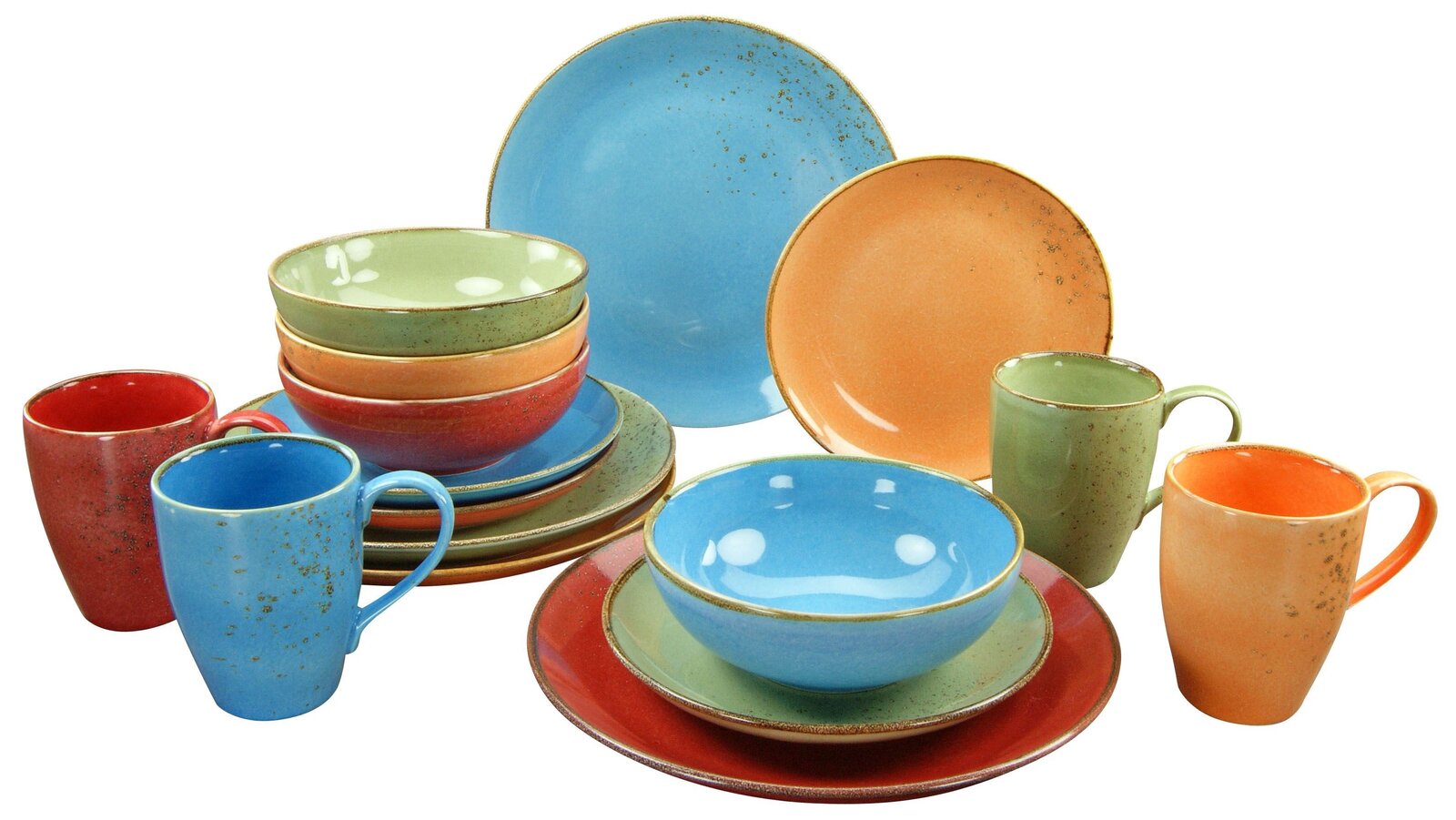 Creatable Kombiservice 16-tlg NATURE COLLECTION Buntes 16-teiliges Kombiservice mit Tellern, Schalen und Tassen in verschiedenen Farben, aus einer leicht erhöhten Perspektive fotografiert.