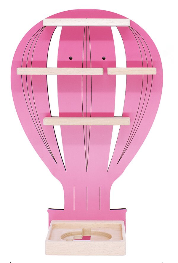 Heißluftballon-förmiges Wandregal in Pink mit weißen Streifen und mehreren kleinen Holzablagen, frontale Produktansicht