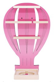 Heißluftballon-förmiges Wandregal in Pink mit weißen Streifen und mehreren kleinen Holzablagen, frontale Produktansicht