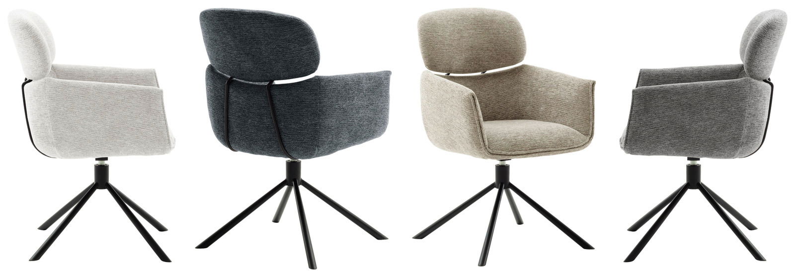 Vier moderne Sessel in verschiedenen Farben mit gepolsterten Sitzen und Rückenlehnen, auf schwarzen Metallbeinen, aus verschiedenen Perspektiven gezeigt.