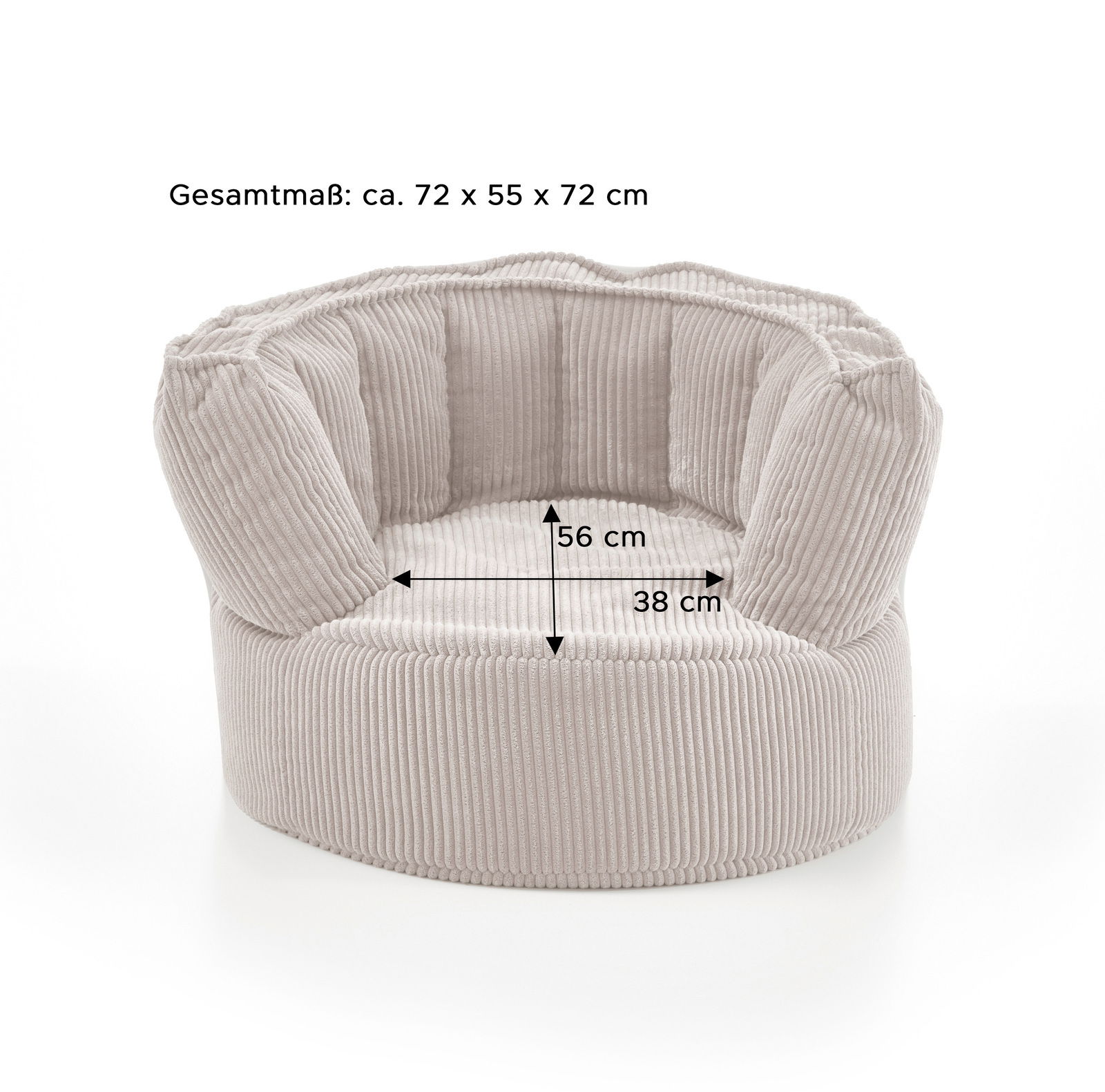 Kleiner Sitzsack aus weichem, geripptem Stoff in Beige, Vorderansicht mit Abmessungen 72 x 55 x 72 cm.