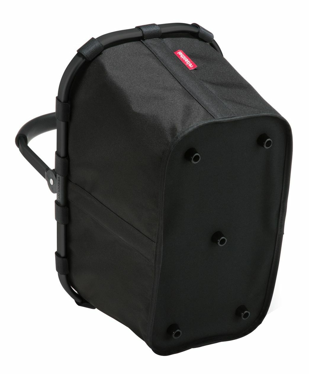 Schwarzer Einkaufskorb mit stabilem Rahmen und Tragegriff, seitliche Perspektive