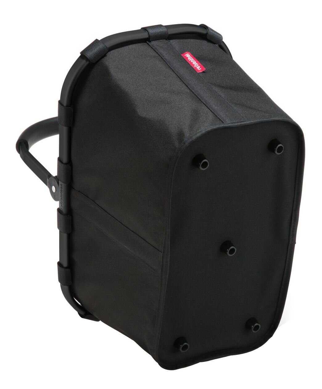 Schwarzer Einkaufskorb mit stabilem Rahmen und Tragegriff, seitliche Perspektive