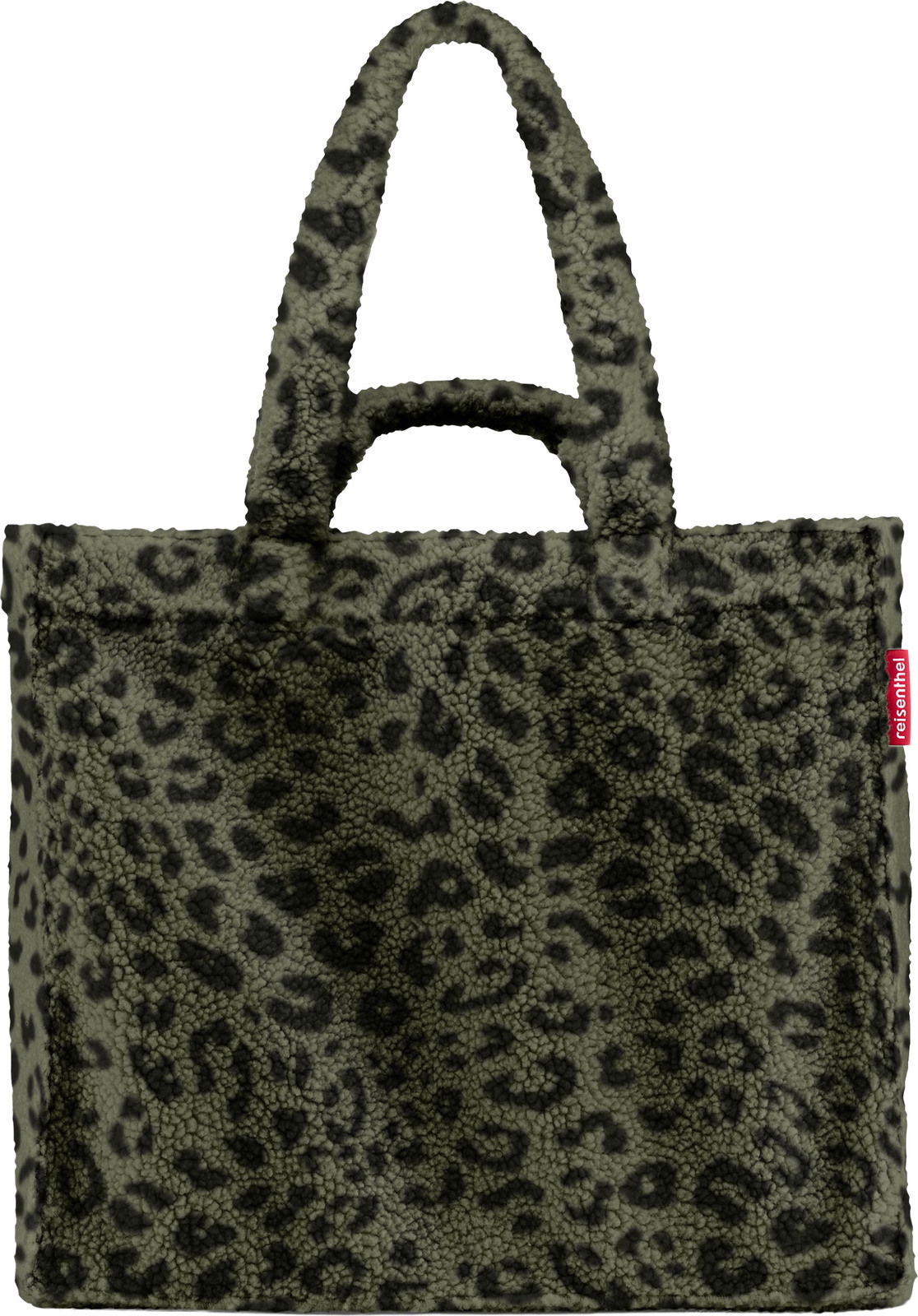 Vorderansicht einer Tasche mit Leopardenmuster und zwei Henkeln, aus weichem Material.