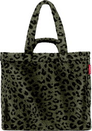 Vorderansicht einer Tasche mit Leopardenmuster und zwei Henkeln, aus weichem Material.