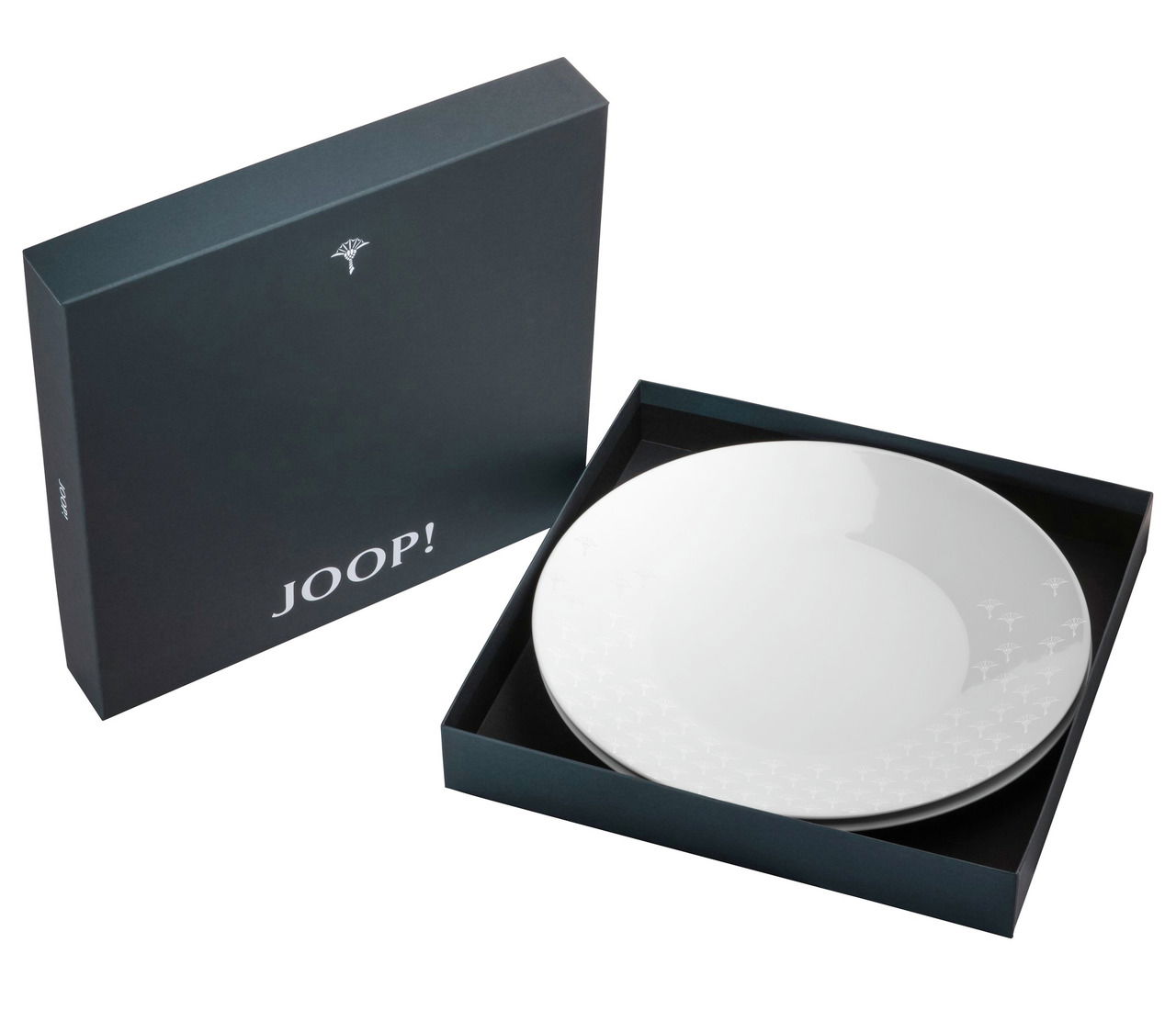 Frühstücksteller Set in eleganter Geschenkbox, von oben fotografiert, mit dezentem Muster und hochwertiger Verarbeitung.