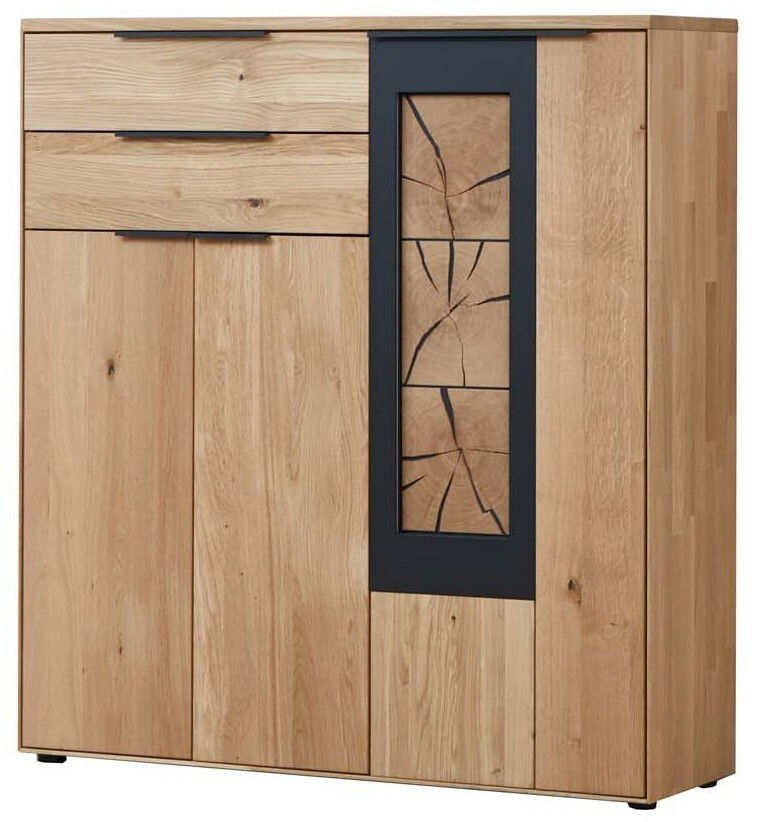 Frontansicht eines modernen Highboards aus Holz mit zwei Schubladen und einer dekorativen Glaseinlage.