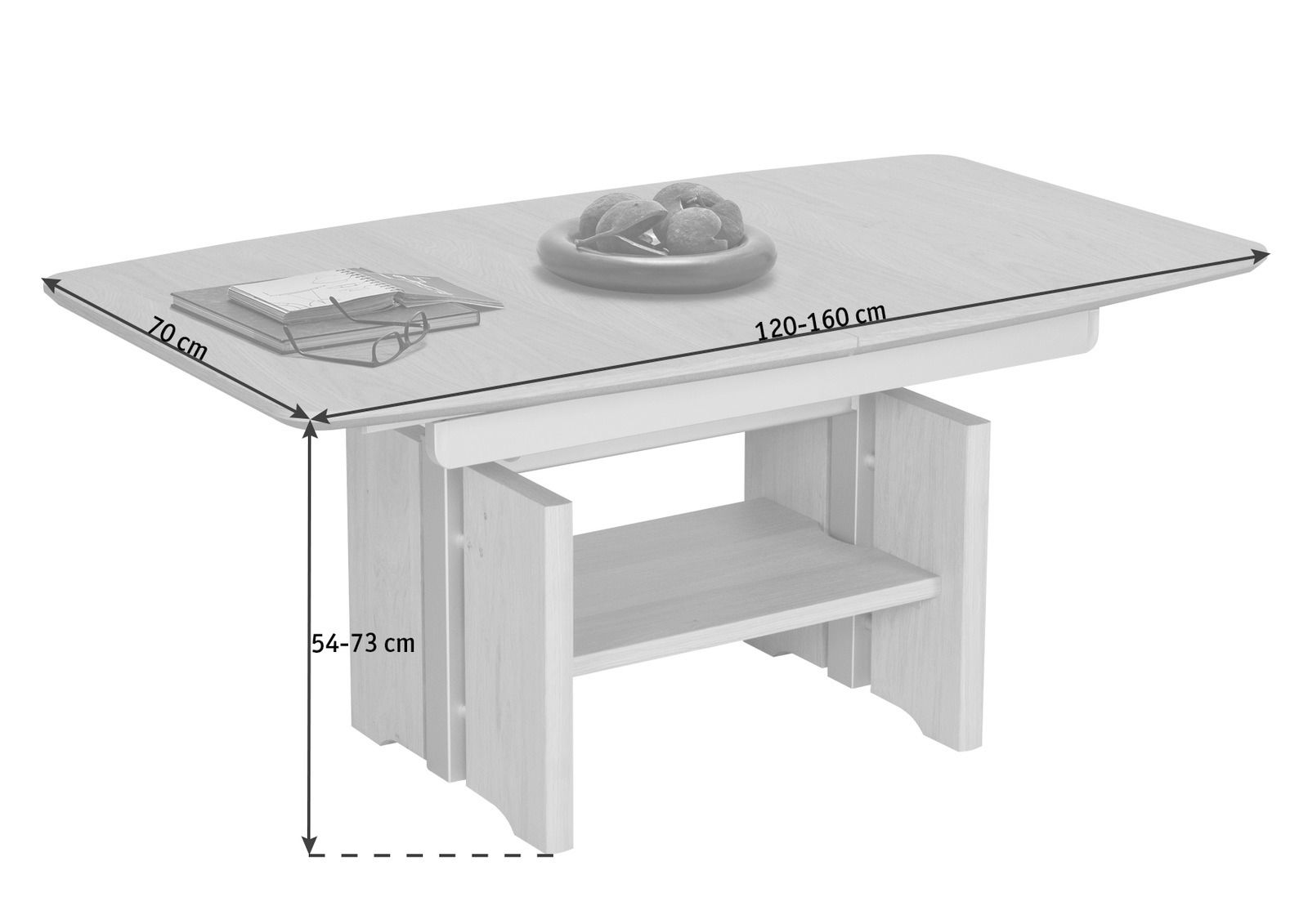 Höhenverstellbarer Couchtisch in Holzoptik mit ausziehbarer Tischplatte, seitliche Perspektive