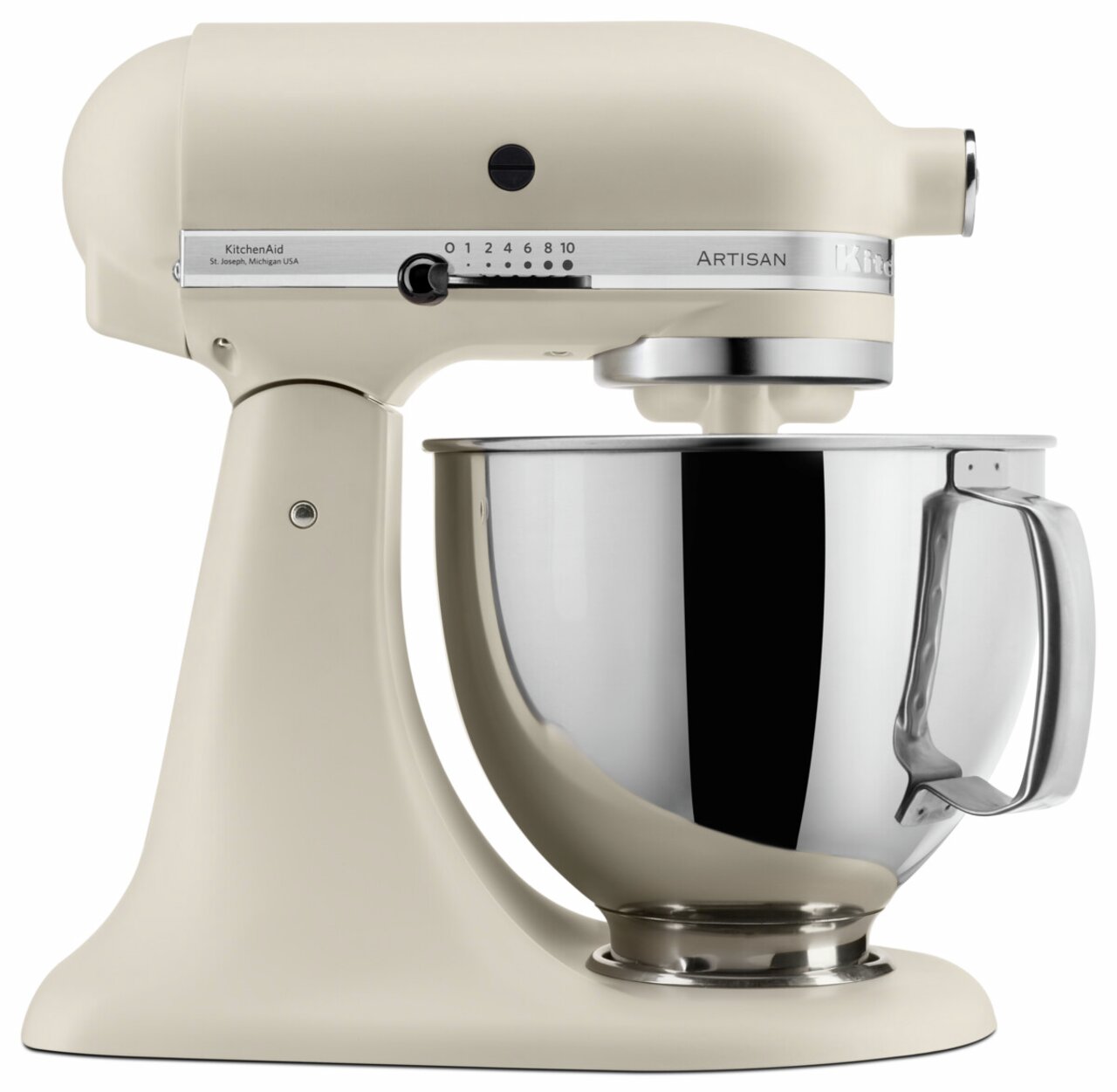 Seitliche Ansicht einer cremefarbenen Küchenmaschine mit Edelstahl-Rührschüssel.