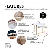 Zwei Couchtische im Set mit Marmor-Optik Tischplatten und goldfarbenem Gestell, ineinander schiebbar, aus der Seitenperspektive.
