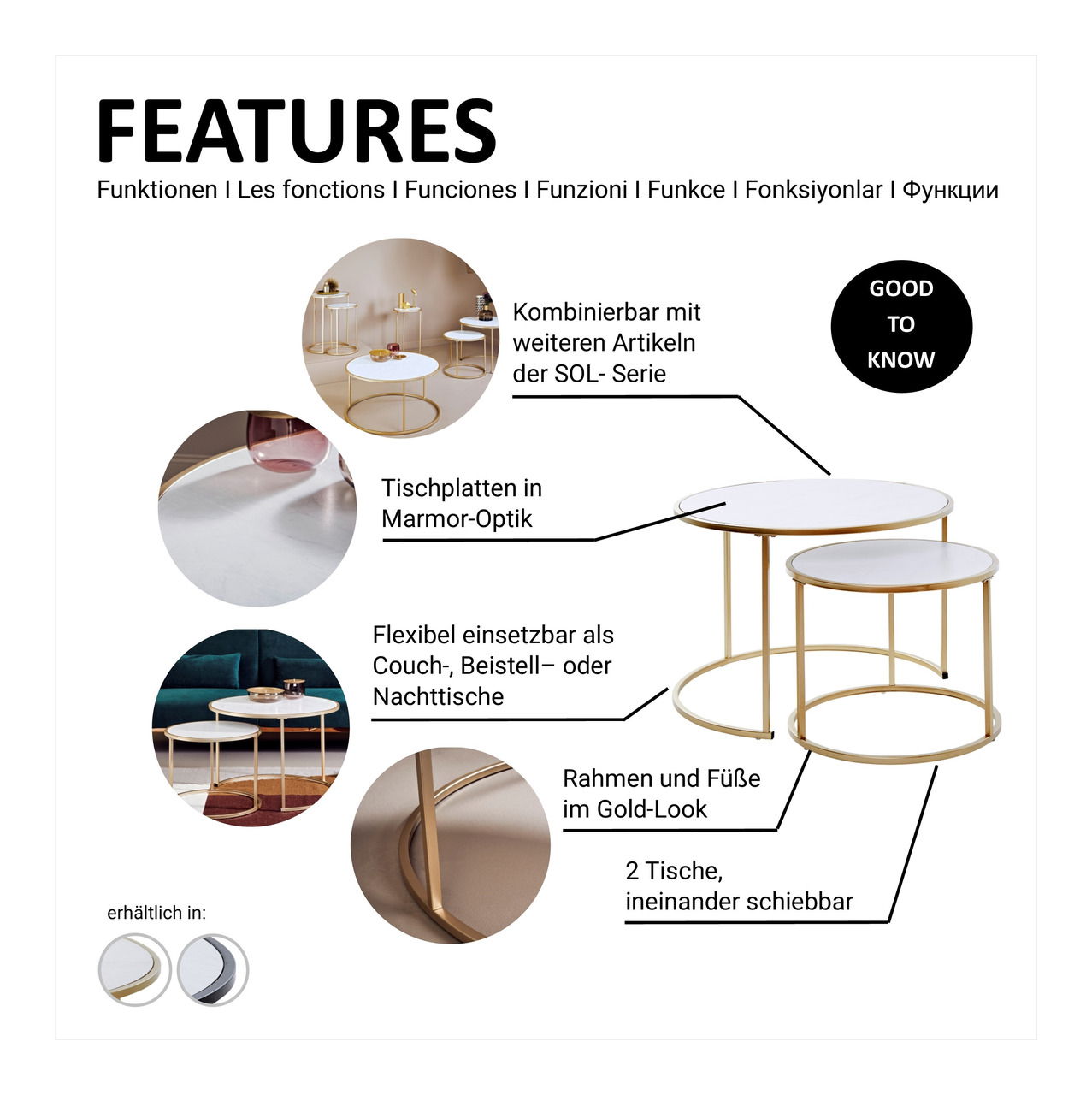 Zwei Couchtische im Set mit Marmor-Optik Tischplatten und goldfarbenem Gestell, ineinander schiebbar, aus der Seitenperspektive.
