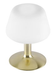 Tischleuchte mit mattem Messingfuß und weißem Lampenschirm, seitliche Perspektive