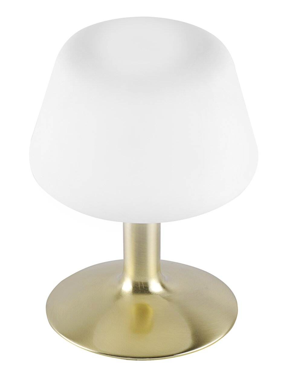 Tischleuchte mit mattem Messingfuß und weißem Lampenschirm, seitliche Perspektive