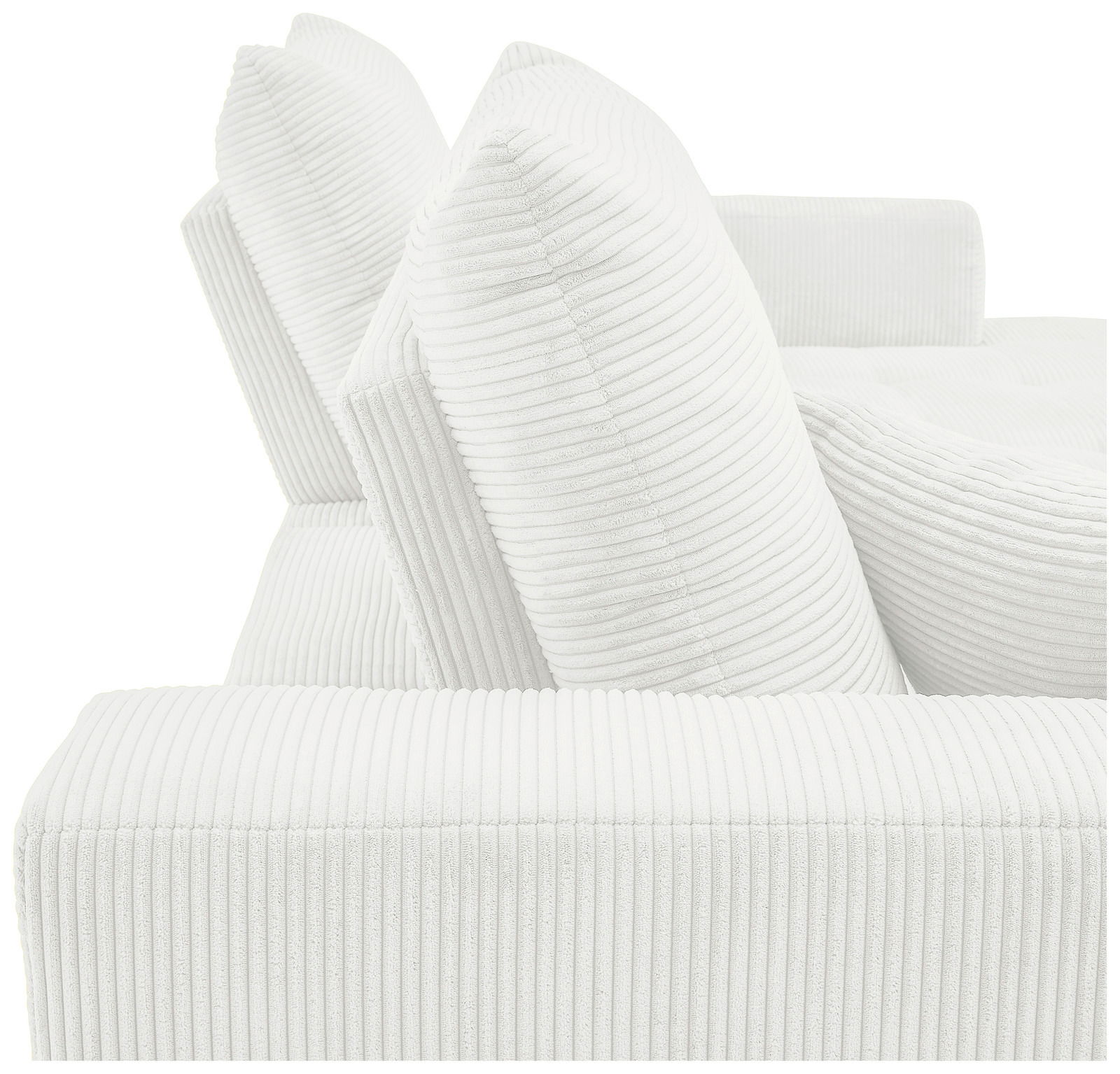 Nahaufnahme einer weißen, gerippten Sofaecke mit zwei großen Kissen, seitliche Perspektive