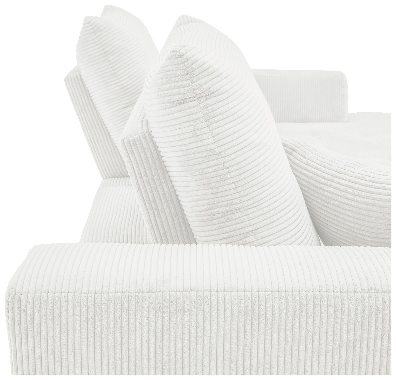 Nahaufnahme einer weißen, gerippten Sofaecke mit zwei großen Kissen, seitliche Perspektive
