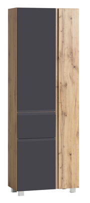 Moderner Hochschrank mit dunklen Türen und Holzoptik, Frontalansicht