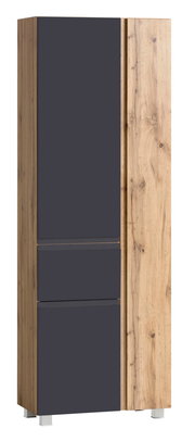 Moderner Hochschrank mit dunklen Türen und Holzoptik, Frontalansicht