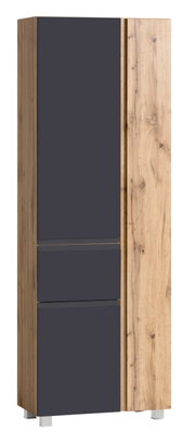 Moderner Hochschrank mit dunklen Türen und Holzoptik, Frontalansicht
